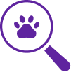 Purple magnifying glass icon with paw in the middle
